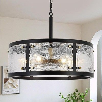 CNRATYE 23.6in Farmhouse Drum Black Chandelier 6-Light Round Glass Dining Room