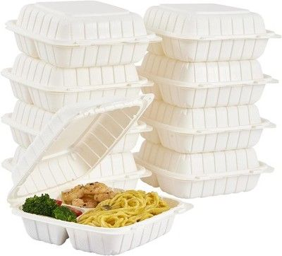 FULING 8x8in 3-Compartment 50-Pack Plastic Clamshell To-Go Lunch Box Disposable