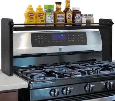 MyGift 33in Stove Top Spice Rack Rustic Burnt Solid Wood Industrial Black Metal