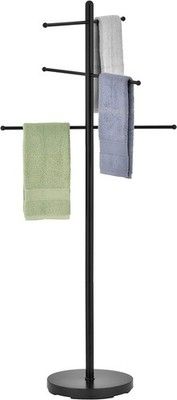 MyGift 6 Bar Free Standing Outdoor Pool Towel Rack Black Metal Weighted Base