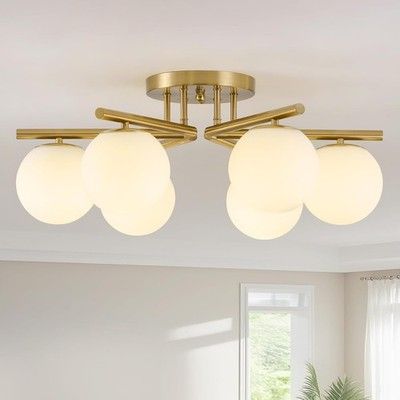 Bsyormak 6-Light Sputnik Semi Flush Ceiling Light Brushed Brass 26in Glass