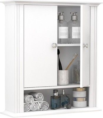 White Over Toilet Bathroom Wall Cabinet 2 Door Medicine Storage w/ Hooks