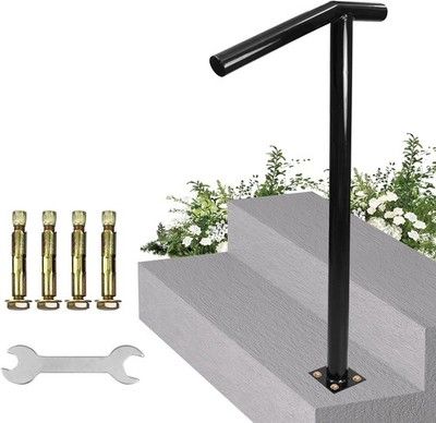 40in Black Wrought Iron Handrail for 1-2 Outdoor Steps Single Post Stair Rail