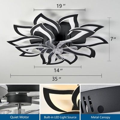 Dalouguan 35in Black Modern Ceiling Fan Light Remote 6-Speed 3-Color Low Profile