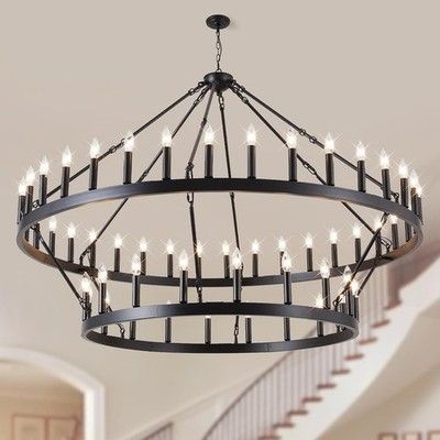 VBKK 60in Black Wagon Wheel Chandelier 2-Tier 54-Light Farmhouse Industrial