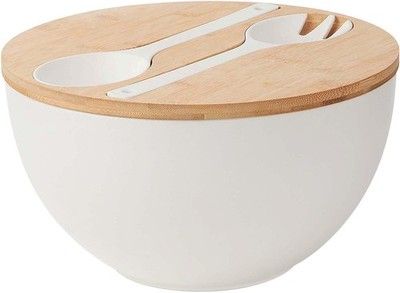 ECOHAGOU 12.6in XL Salad Serving Bowl Set w/ Wooden Lid & Utensils 8.4Qt Bamboo