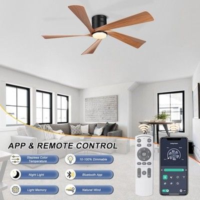 Ohniyou 52in Flush Mount Farmhouse Ceiling Fan Lights Remote App Low Profile DC