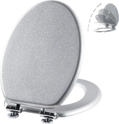 Angol Shiold Elongated Toilet Seat Glitter Silver Wood Quiet Close 18.5in