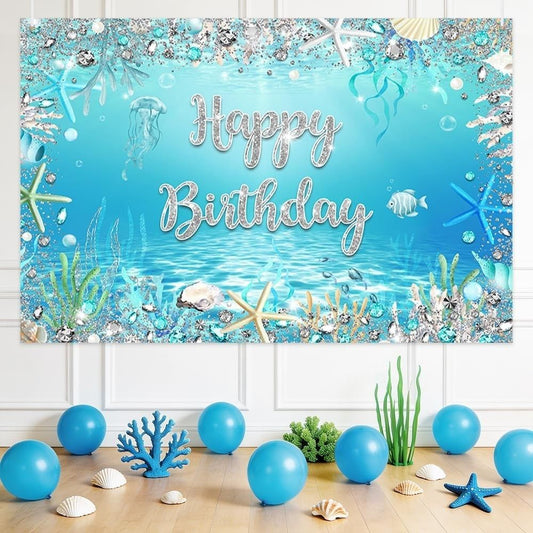 AIBIIN Happy Birthday Backdrop Girls Under The Sea Silver Mermaid 7x5ft