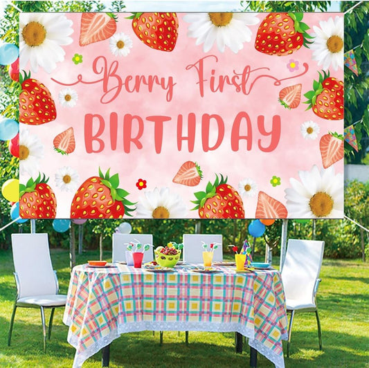 Strawberry Daisy 1st Birthday Backdrop Berry First Banner 70.8x43.3in Girl