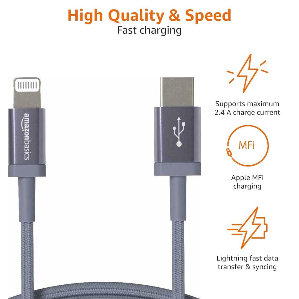 Amazon Basics USB-C to Lightning Cable 3ft MFi iPhone iPad Nylon Gray