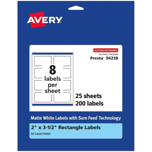 Avery Matte White Rectangle Sure Feed Labels 2" x 3.5" - 200 Count