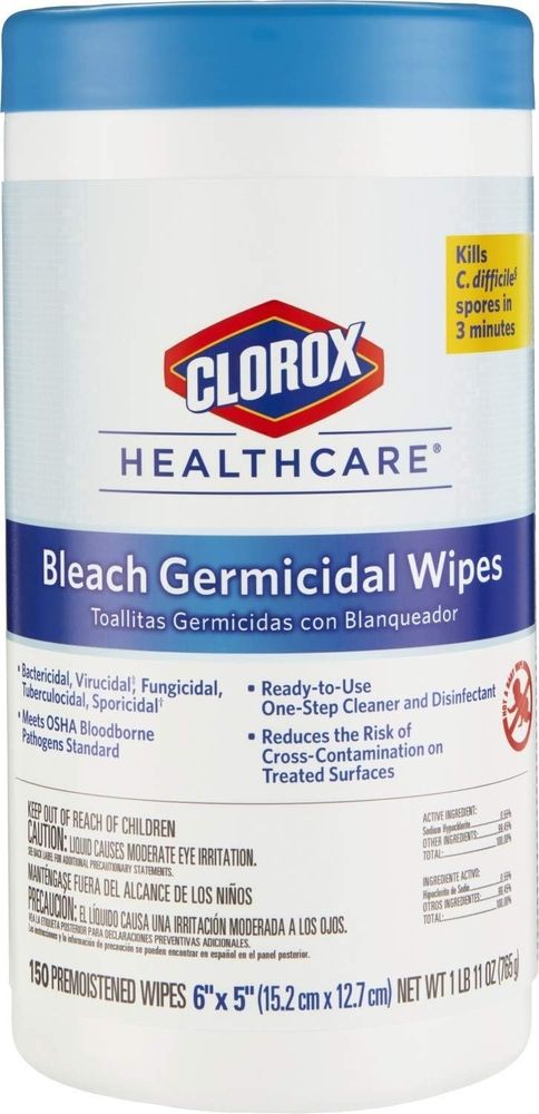 Clorox Healthcare Bleach Germicidal Wipes, 6" x 5", 150 Count Canister pack of 4