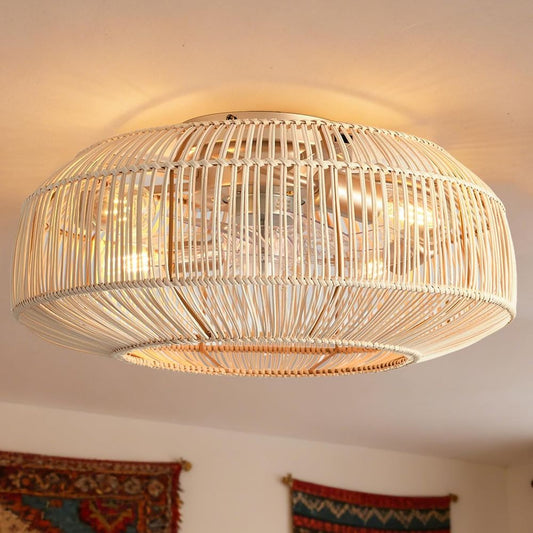 Jorbeca 20" Boho Rattan Caged Ceiling Fan Light Flush Mount Fandelier Remote