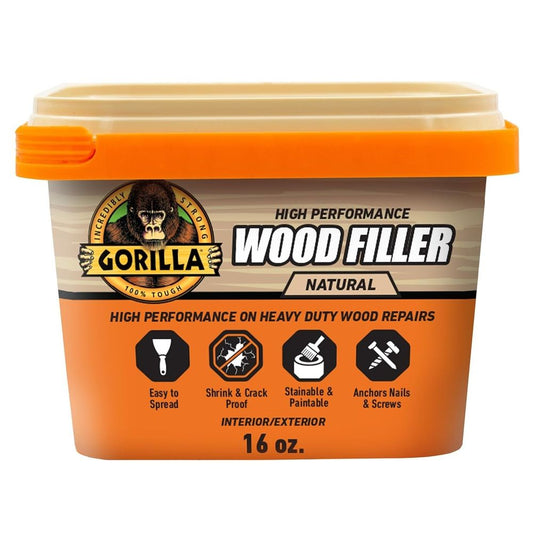 Gorilla All Purpose Wood Filler Natural 16oz Tub Water Resistant Indoor Out