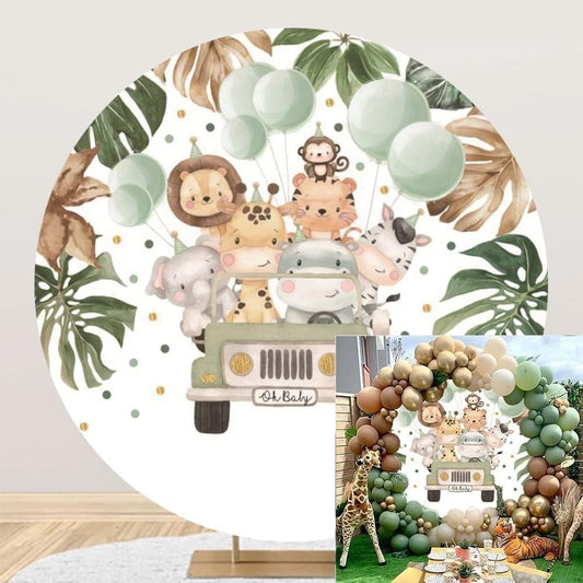 OERJU 6.5ft Safari Jungle Animals Round Backdrop Baby Shower Zoo Photo Booth Dec
