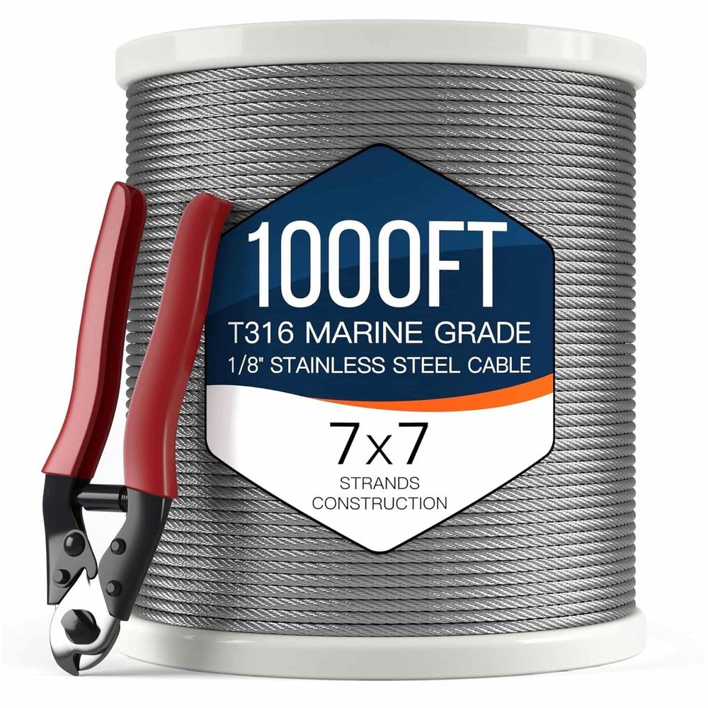 NUYPE 1/8" T316 Stainless Steel Aircraft Cable 1000FT 7x7 Deck Railing Wire