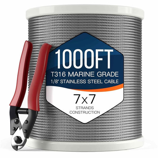NUYPE 1/8" T316 Stainless Steel Aircraft Cable 1000FT 7x7 Deck Railing Wire