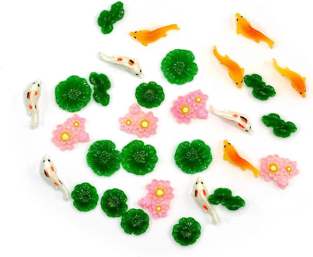 30PCS Mini Resin Lotus Leaf Koi Carp Figurine Fairy Garden Terrarium Decor