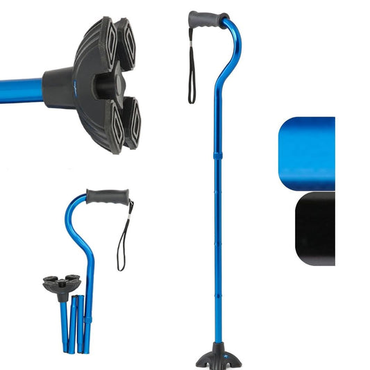 Medline Offset Folding Cane 4-Point Cushioned Gel Handle 350lb Capacity Blue