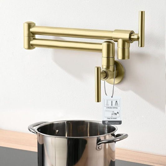 Pot Filler Faucet Wall Mount Double Joint Swing Arm Brass Brushed Gold