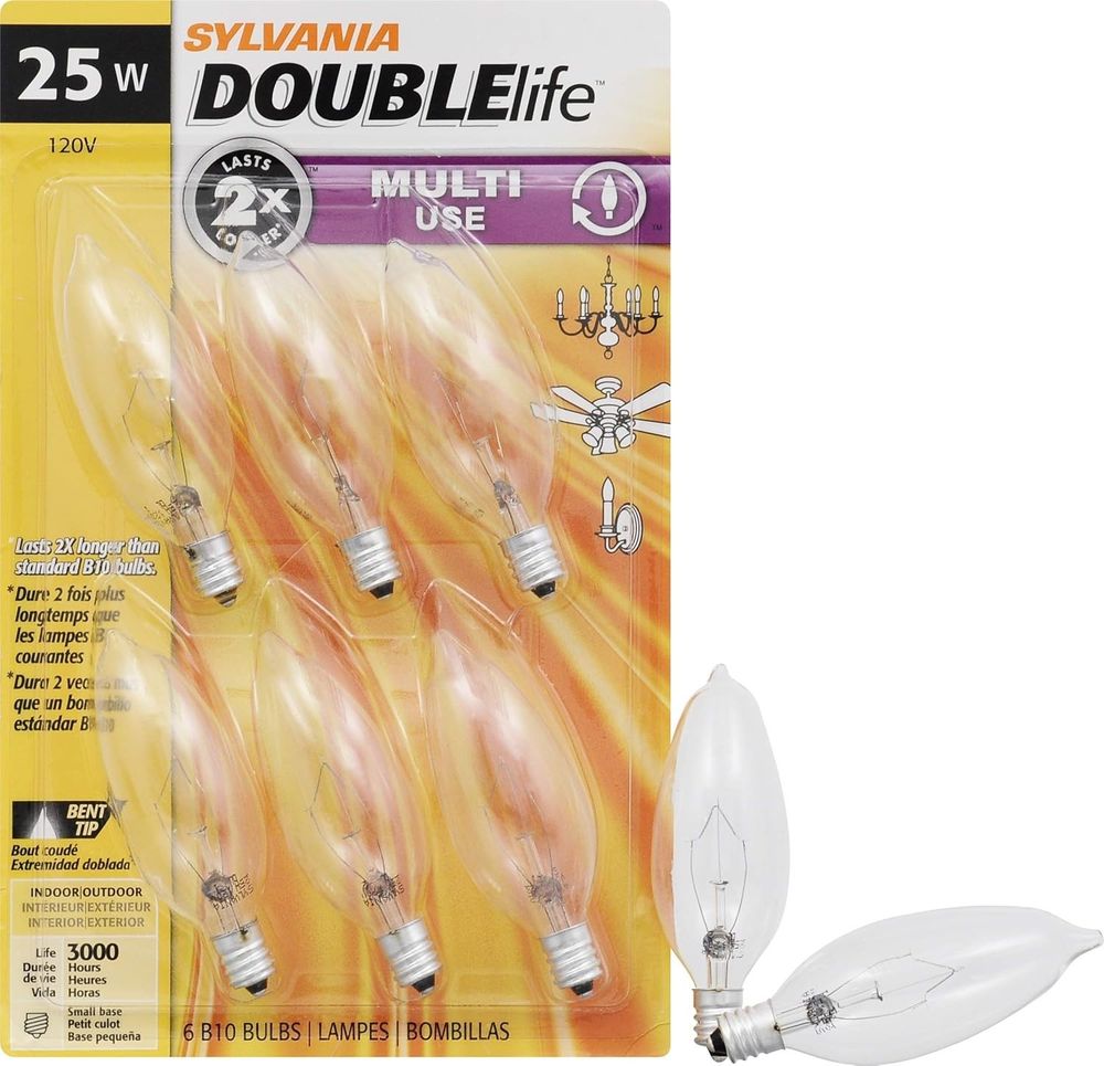 Sylvania Double Life B10 25W Candelabra Clear Incandescent Bulbs 6 Pack 18748