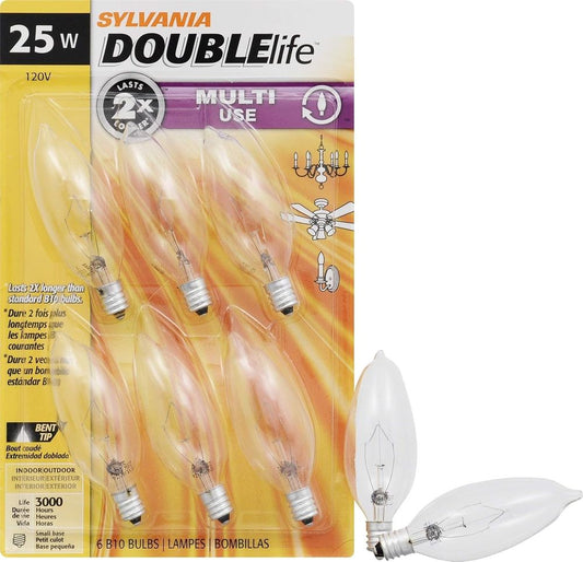 Sylvania Double Life B10 25W Candelabra Clear Incandescent Bulbs 6 Pack 18748