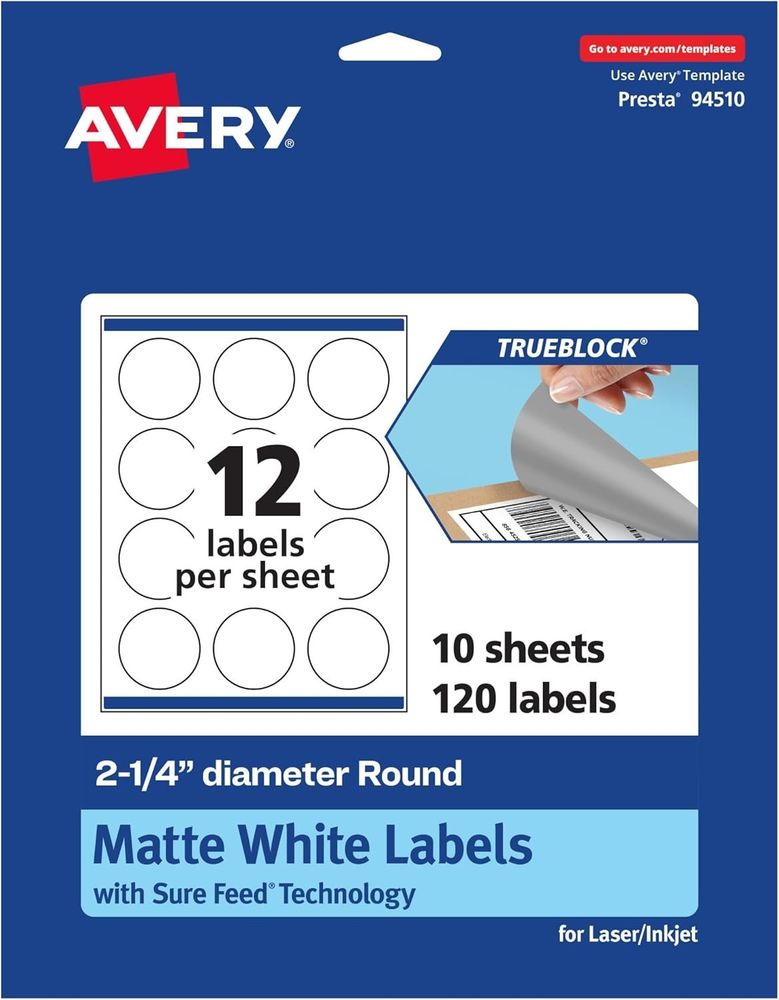 Avery TrueBlock Matte White Round Labels 2.25" 120ct Print-to-Edge Laser