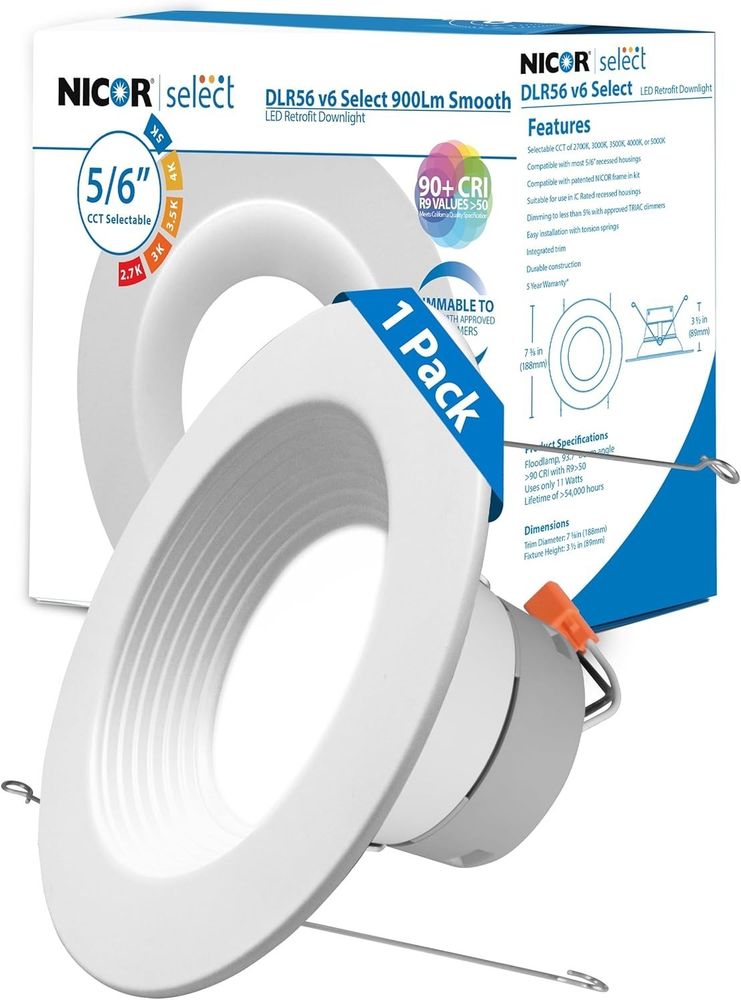 NICOR DLR56 5/6" LED Recessed Downlight 2700K-5000K 918lm 10.3W White Baffle