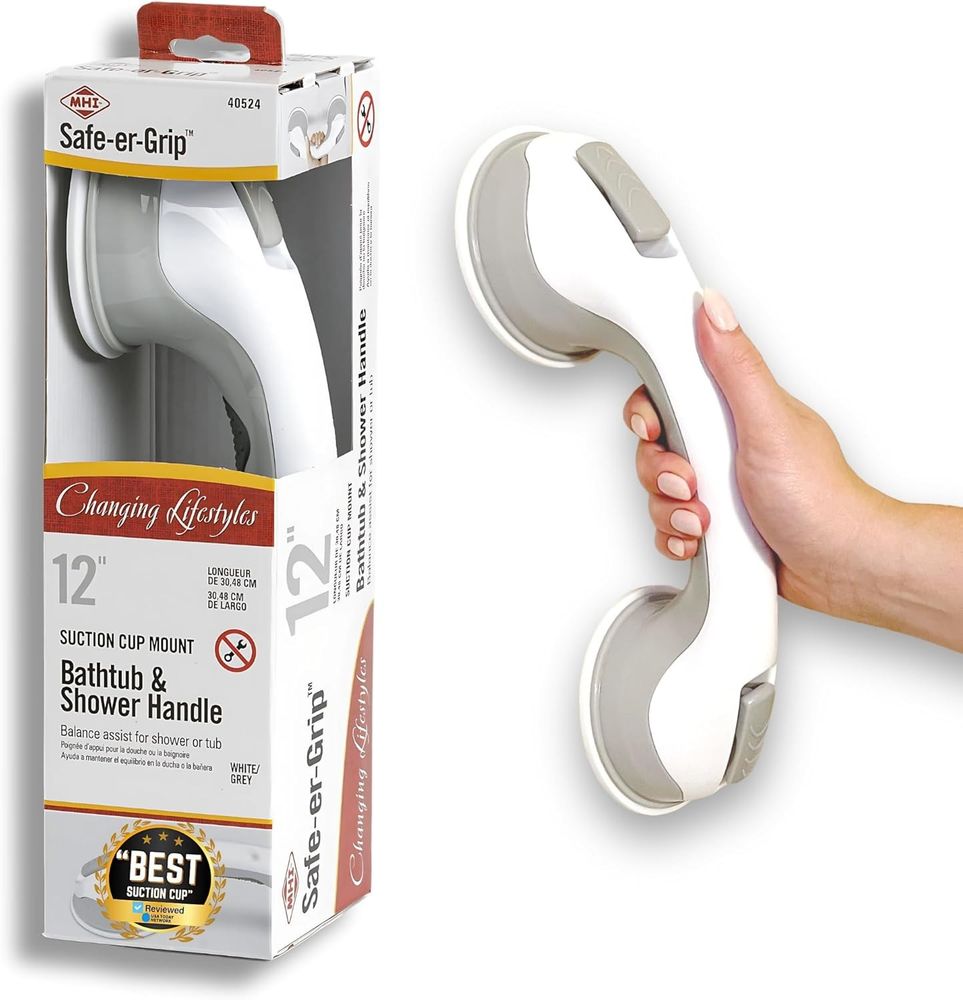Safe-er-Grip Suction Cup Grab Bar Bathtub Shower Safety 12" White Grey