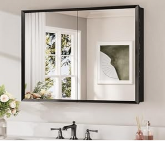 Keonjinn 30"x26" Black Aluminum Medicine Cabinet Mirror Surface/In-Wall Shelves