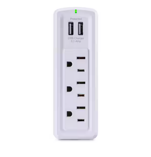 CE TECH 3-Outlet Travel Wall Mounted Surge Protector with USB, White