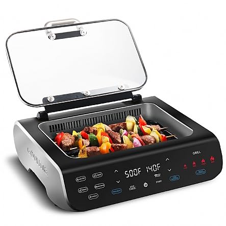 FoodStation Smokeless Grill, Griddle & Air Fryer with with Smoke Extracting Technology, 6 One-Touch Cooking Functions, Extra-Large Nonstick Cooking Surface, and Integrated Temperature Probe