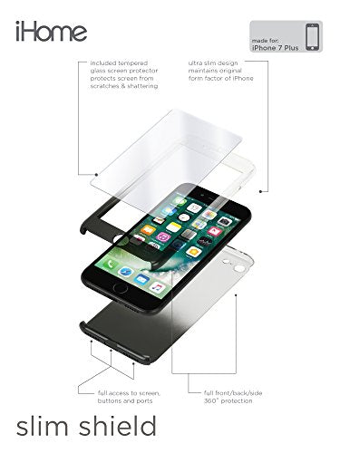 iHome - Ombre Slim Shield 360 Degree Protection with Tempered Glass Screen Protector for iPhone 7Plus/7s Plus (Apple Black)