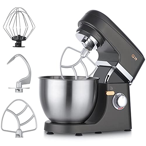 Stand Mixer 8+1-Speed Tilt-Head, 600W Kitchen Electric Mixer with 5QT Stainless Steel Bowl,Planetary Mixing System, Dough Hook, Flat Beater, Whisk, Splash Guard, Dishwasher Safe,Grey