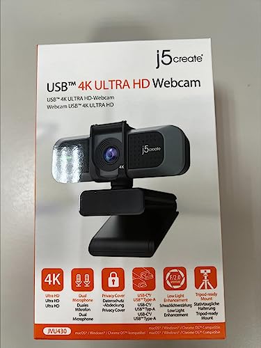 j5create 4K Wide Angle Webcam with Microphone/Privacy Cover for Video Conferencing, Streaming, Recording and Online Teaching, Supports Zoom, Skype, Teams, OBS and More (JVU430)