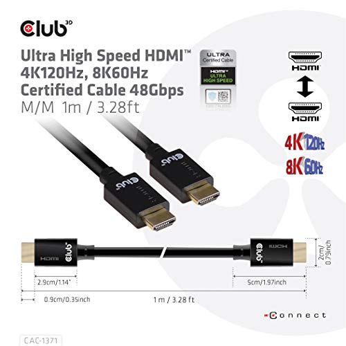 Club3D CAC-1372 Ultra Speed HDMI Cable 8K 60Hz Up to 10K 120Hz 2 Meter/6, 56 Feet Black, Male-Male