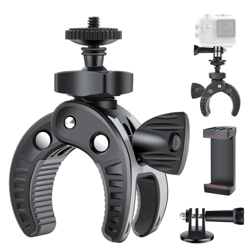 UTEBIT Camera Bike Mount Clamp with 1/4" Screw and Phone Clip for Bike, Bicycles, Gopro, Vehicles, Motorcycle, 360° Rotation Roll Bar Action Camera Cell Phone Handlebar Holder