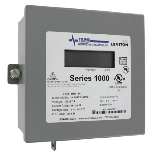 Leviton 1N120-41 Series 1000, Single Element Meter, 120V, 1PH, 2W, Line-to-Neutral, 400:0.1A ratio, Max 400A, Indoor Surface Mount Enclosure, Gray