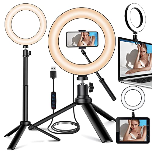 Selfie Ring Light for Zoom Meeting, Dimmable Desktop LED Circle Light with Tripod Stand, 6'' Lighting Kit Gifts for Live Streaming/Laptop Video Conference/Makeup/YouTube/Vlog/Video Recording