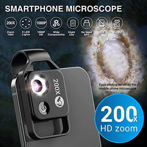 Microscope for Phone 200X Mini Universal Clip USB Pocket Microscope with Phone Microscope HD Optical Lens and Magnifying Digital Microscope for iPhone Android Phone with LED Ligth for Adult & Children