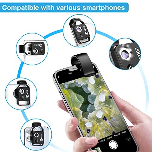 Microscope for Phone 200X Mini Universal Clip USB Pocket Microscope with Phone Microscope HD Optical Lens and Magnifying Digital Microscope for iPhone Android Phone with LED Ligth for Adult & Children