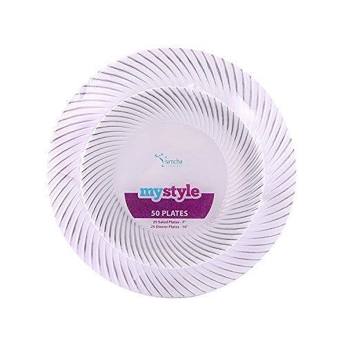 Blue Sky Plastic Silver Swirl Dinnerware Set, 50 Shrink Pack, White