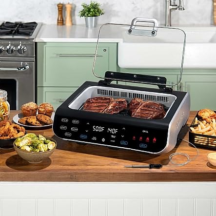 FoodStation Smokeless Grill, Griddle & Air Fryer with with Smoke Extracting Technology, 6 One-Touch Cooking Functions, Extra-Large Nonstick Cooking Surface, and Integrated Temperature Probe