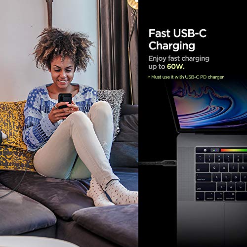 Spigen USB-C to C 2.0 Cable [60W & 480Mbps] [1.5m] Durable Cotton Braided Power & Data Transfer [ONLY USB C Compatible] with MacBook, iPad Pro 2018, Galaxy, Huawei, Pixel