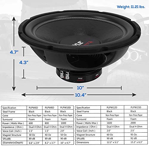 Pyle 10-Inch 1000 Watt Dual 4 Ohm Subwoofer