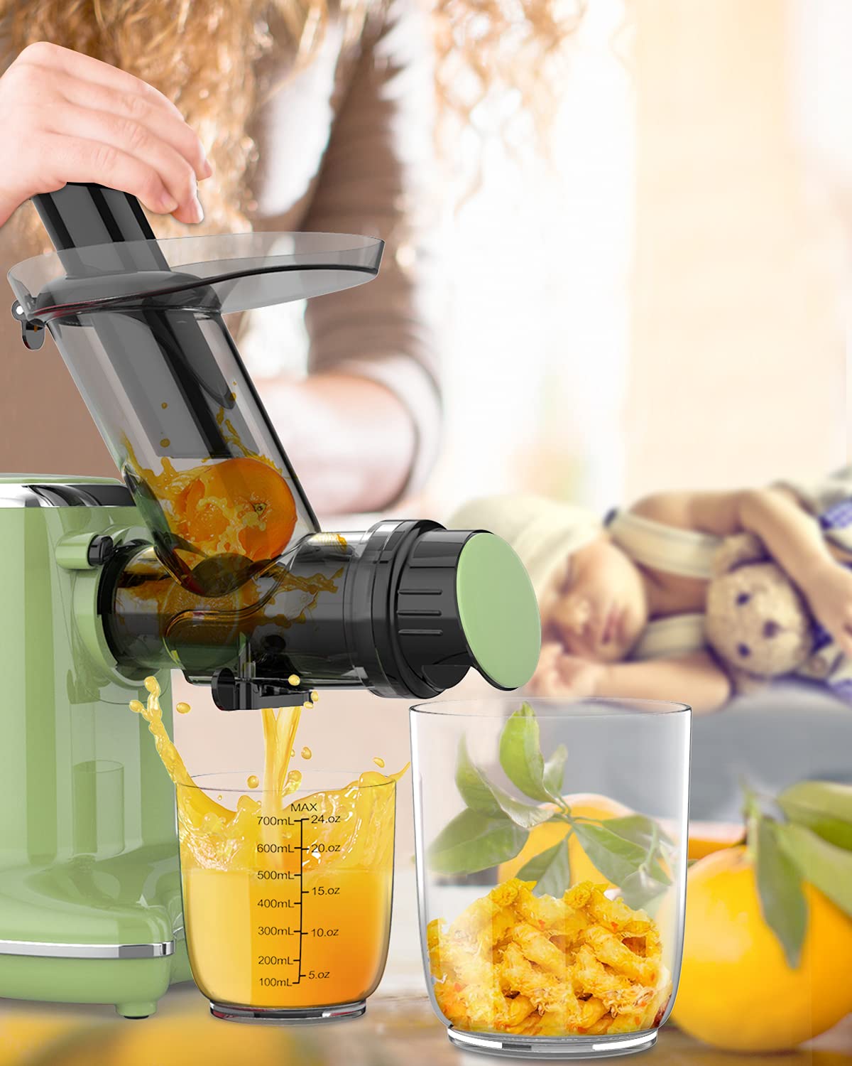 Juicer Machines, Orfeld Cold Press Juicer with 90% Juice Yield & Purest Juice, Easy Cleaning & Quiet Motor Masticating Juicer Machines for Vegetables and Fruits (Green)